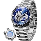 GLENAW Automatic Watches for Men, Blue Rotating Little Earth Blue Dial Men's Mechanical Watch Luminous Hands, 3ATM Waterproof Steel Strap Stopwatch