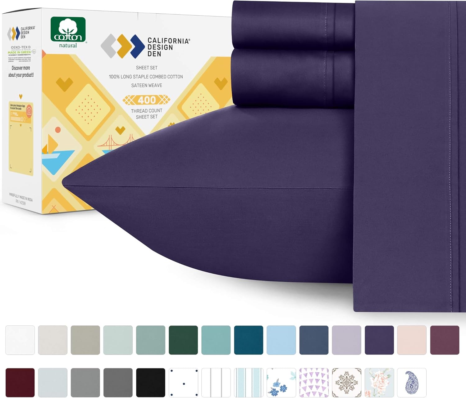 Royal Purple Sheets Queen Size - Real Cotton 400 Thread Count 4 Piece Bed Set, Wrinkle Resistant Sateen Bedding, Elasticized Deep Pocket Fits Low Profile Foam and Tall Mattresses: Home & Kitchen
