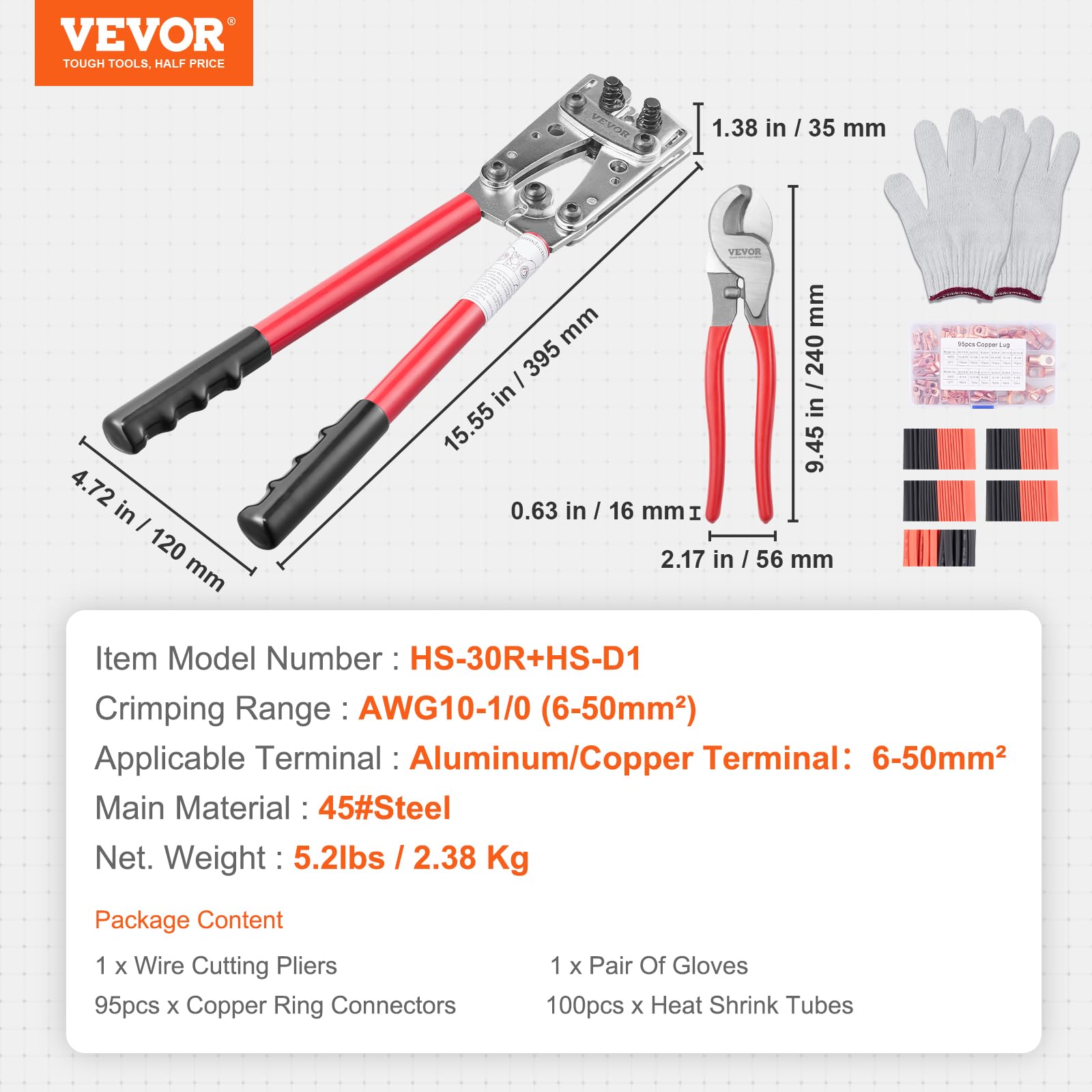 thumbnail image 2 of VEVOR Battery Cable Crimping Tool Kit - 10-1/0 AWG With 95 Terminals & 100 Heat Shrink Tubes 2 of 11