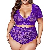 Plus Size 2 Piece Lingerie Set for Women Sexy Deep V Allover Lace Bra and Panty High Waist Nightwear Clubwear