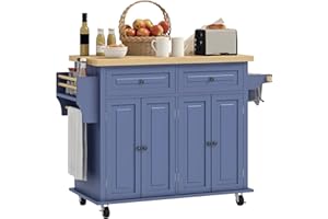 HOMCOM Kitchen Island Cart with Rubber Wood Top, Rolling Kitchen Island Table on Wheels with Drawers, Adjustable Shelves, Spi