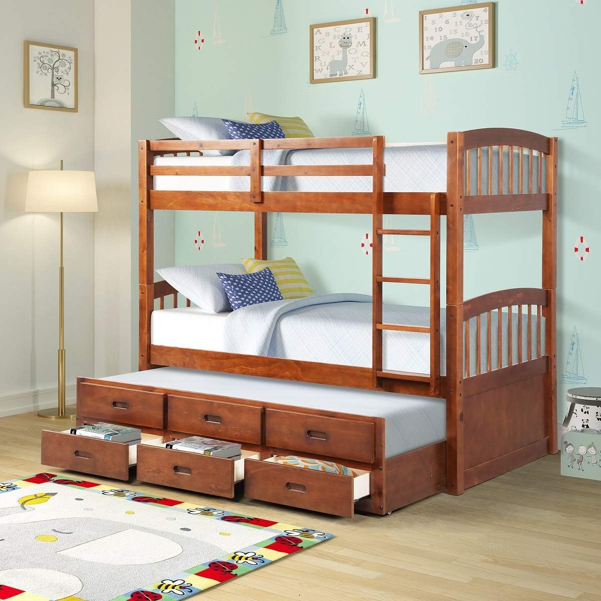 Twin Bunk Solid Wood Safety Rail, Ladder, TwoTrundle Bed with 3 Drawers for Kids Teens Bedroom, Guest Room Furniture, Walnut