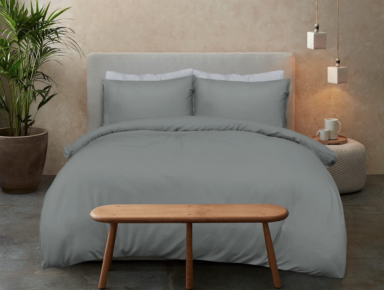 Sleepdown 100% Bamboo Cotton Plain Charcoal Duvet Cover Quilt Pillow Cases Bedding Set Soft Easy Care - Super King (220cm x 260cm)