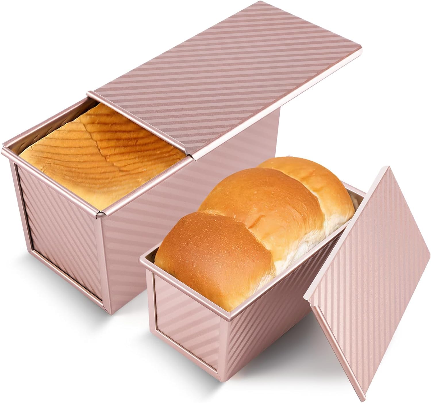 MEETOZ 2 Pack Pullman Loaf Pan with Lid, 1 lb/0.5 lb Dough Capacity, Golden Corrugated arbon Steel Bread Toast Box for Bakeware, Homemade Cakes, Baking Breads and Meatloaf