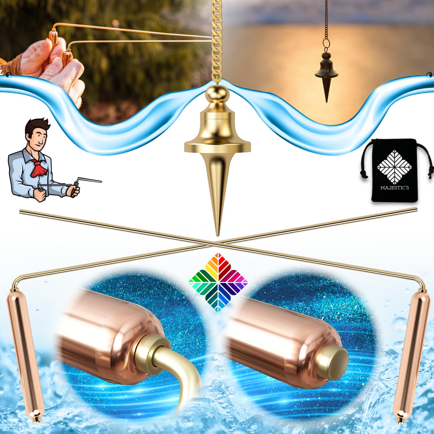 Dowsing Rods DELUXE & Divination Pendulum TROUVIER - Best Professional Pack for Dowser - Franch BRAND