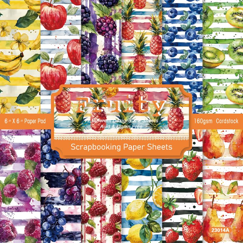 Photo 1 of 24 Sheets Fruit Scrapbook Paper 6'' x 6'' Strawberry Lemon Watermelon Peach Fruit Pattern Paper Pack Fruit Single-sided Cardstock Pack for Scrapbooking Background Card Making Origami DIY