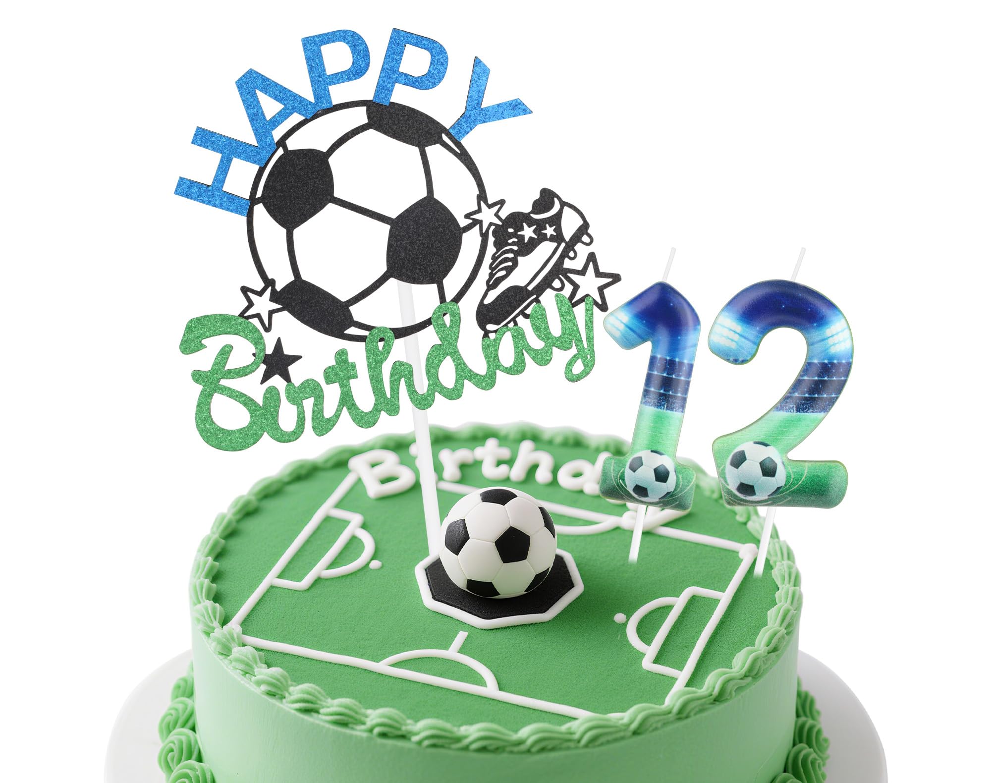 Football 12th Birthday Candles Cake Toppers,Blue Green Number 12 Candle,Boys 12th Birthday Decorations,Soccer Candles Toppers Football Cake Decorations for Soccer Themed Party Supplies