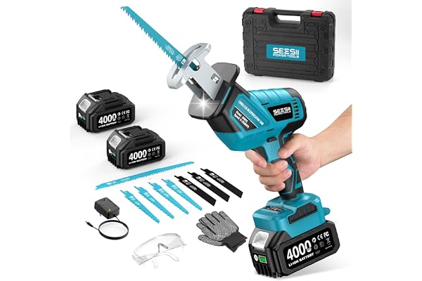 SEESII Reciprocating Saw Cordless, Variable Speed 3500 RPM Brushless Motor with 8 Saw Blades, 2 x 4.0Ah Batteries, LED Light,