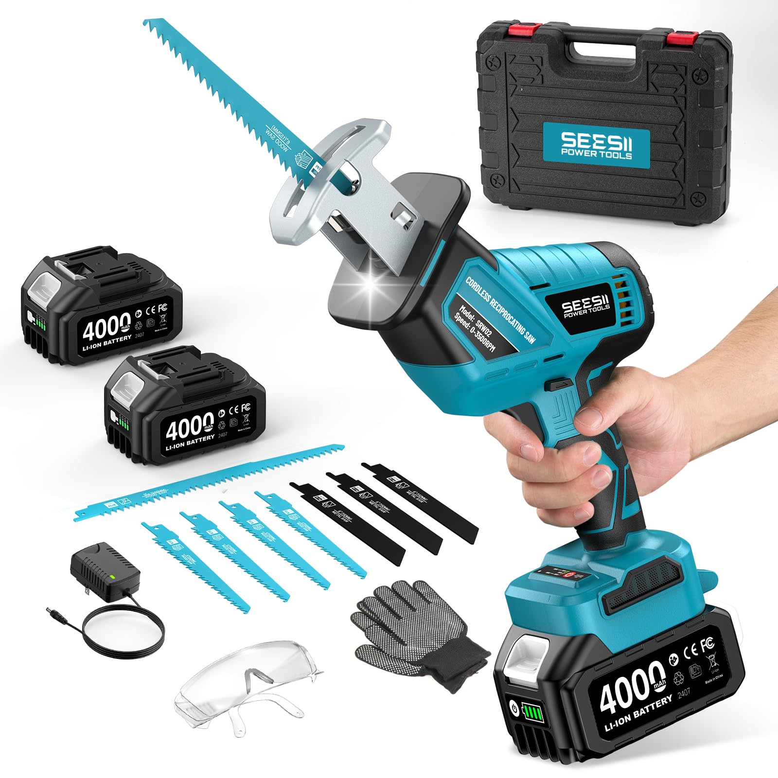 Photo 1 of SEESII Reciprocating Saw Cordless, Variable Speed 3500 RPM Brushless Motor with 8 Saw Blades, 2 x 4.0Ah Batteries, LED Light, Tool?Free Blade Change, Portable for Wood PVC Cutting