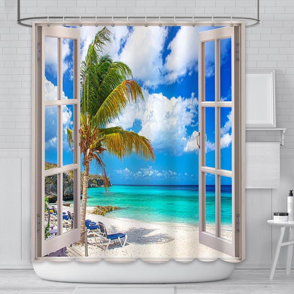 AIBIIN 180x180cm Summer Beach Shower Curtain Tropical Hawaiian Island Palm Trees Ocean White Cloud Wooden Windows Bathroom Curtains Home Decoration With 12 Hooks