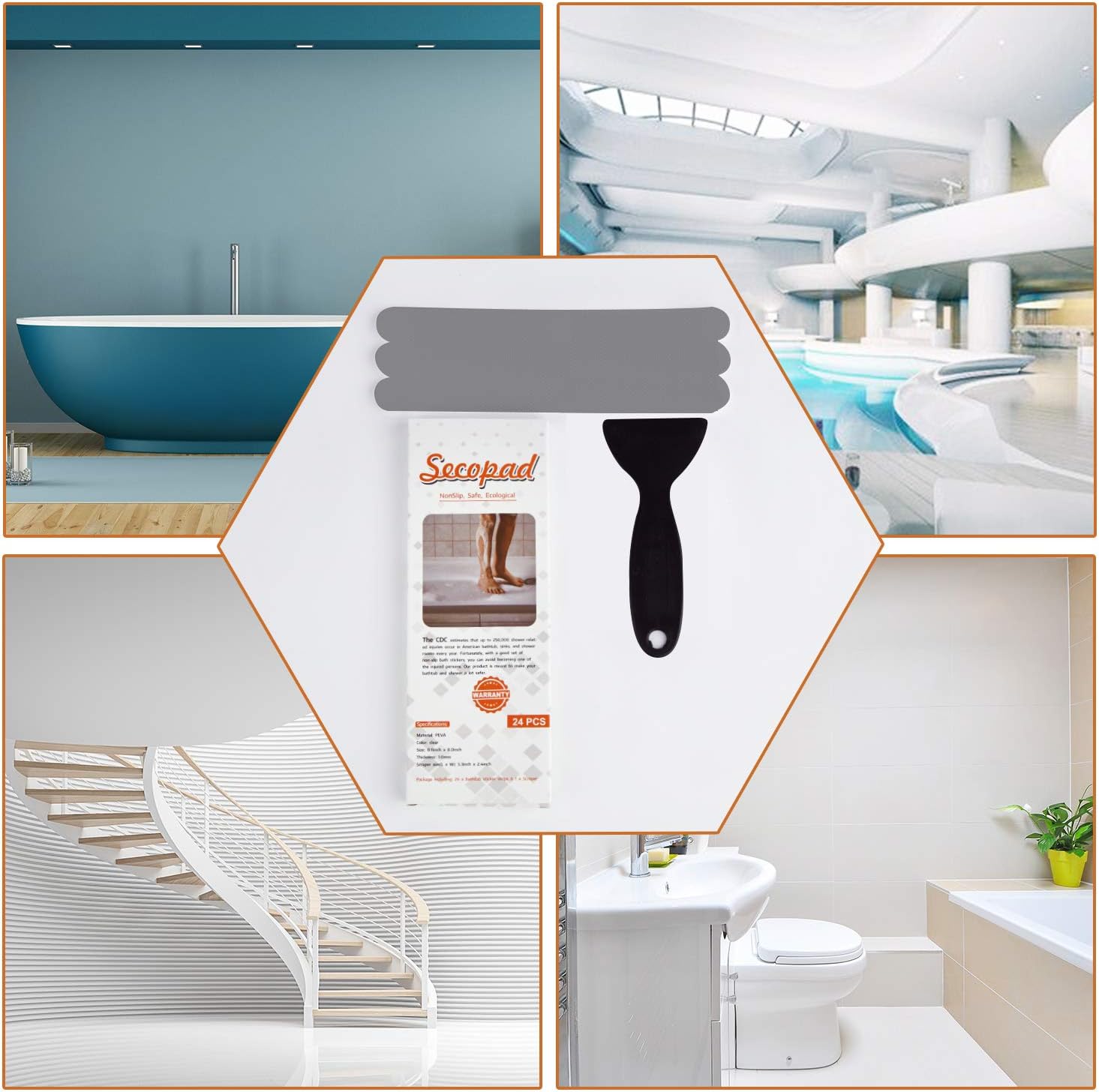 Secopad Non-Slip Bathtub Stickers Safety Bathroom Tubs Showers Treads Adhesive Decals Scraper (Gray): Home & Kitchen