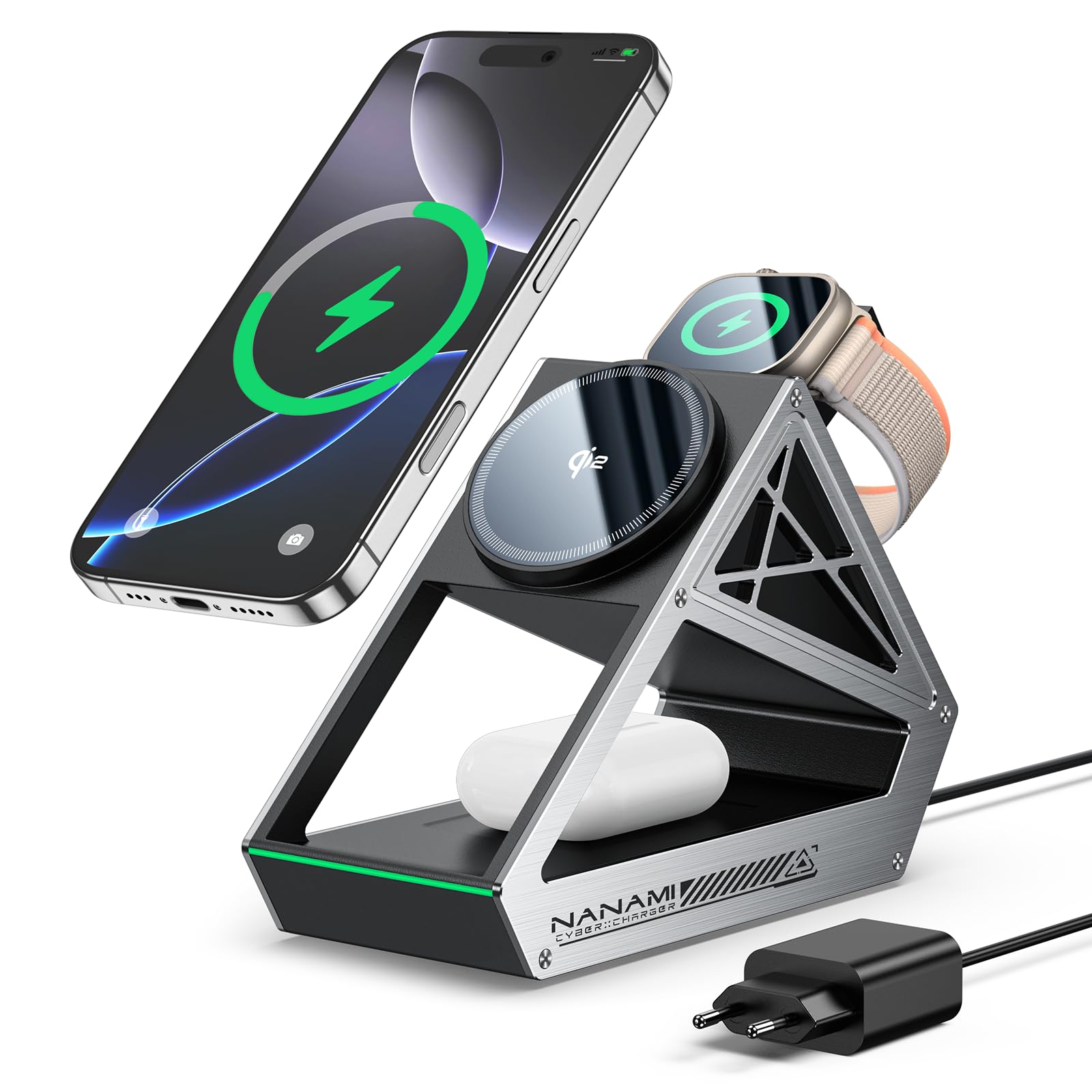 NANAMI 3 in 1 MagSafe Ladegerät mit 30W Netzteil, Qi2 15W iPhone Wireless Charger, Apple Watch Schnellladen 5W für Watch 11/10/9/8/7/Ultra/Ultra2, Ladestation für iPhone 17/16/15/14/13/12 & AirPods