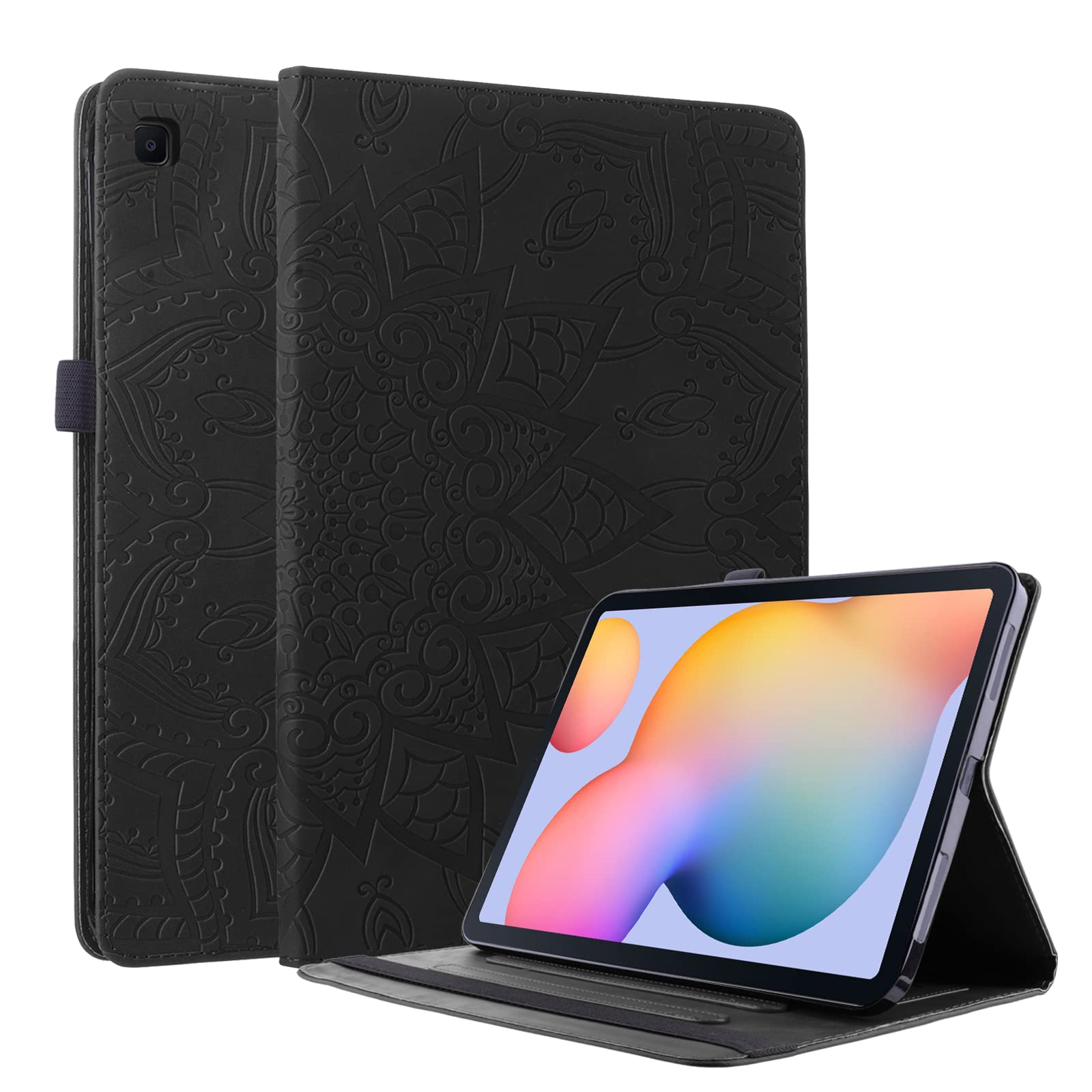 Aswant Galaxy Tab S6 lite 10.4 Inch Case PU Leather Wallet Stand Cover Folio Flip Case with Card Slot, Pen Holder For Samsung Galaxy Tab S6 Lite 10.4" SM-P610/SM-P615 Mandala Flower Embossed Black