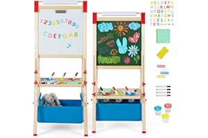 Costzon Easel for Kids, All in 1 Double Sided Wooden Art Easel w/Magnetic Chalkboard, Whiteboard, Paper Roll, Storage Tray & 