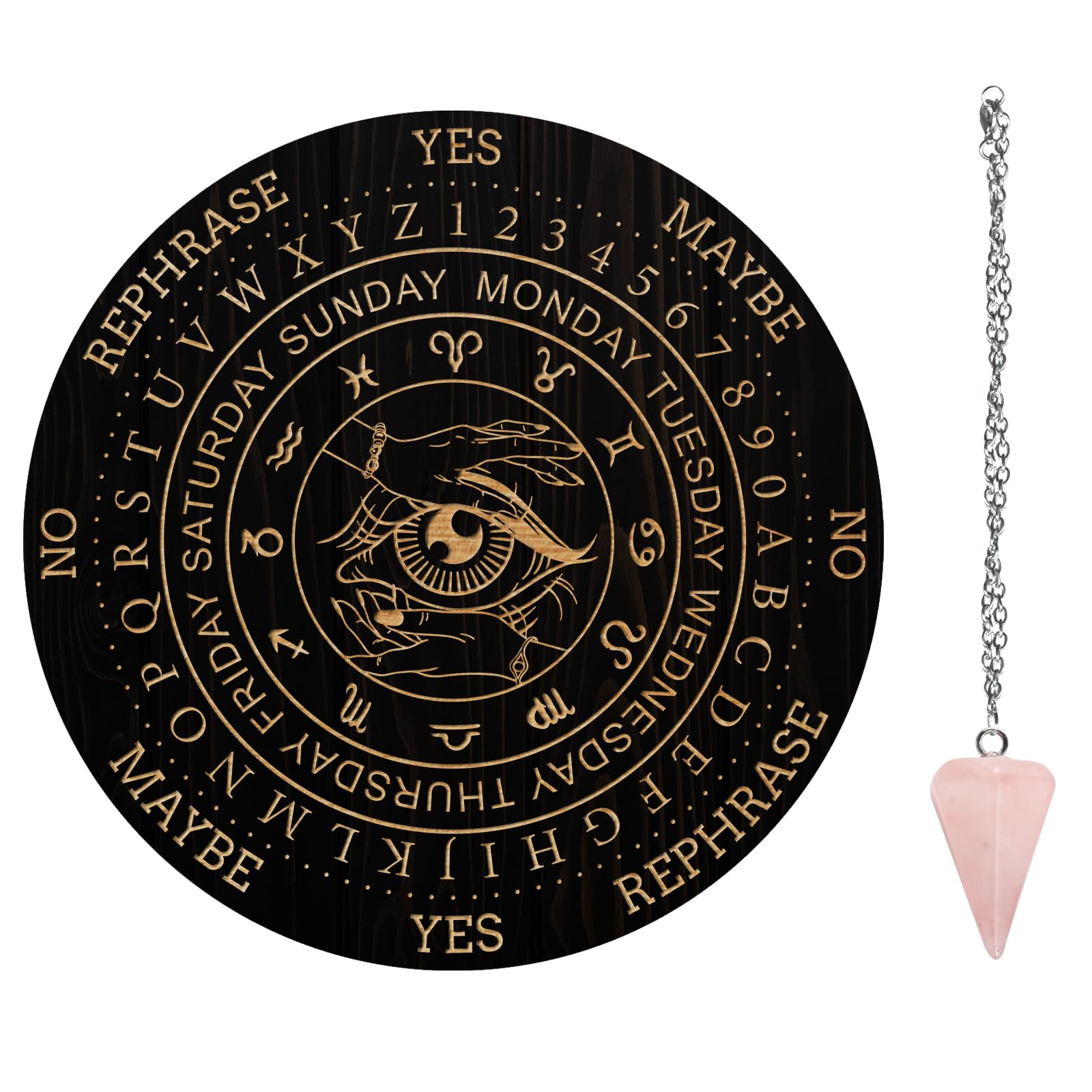 AHANDMAKER Pendulum Board Set, Wooden Dowsing Divination Board Metaphysical Message Board with Crystal Pendulum Necklace for Witchcraft Wiccan Altar Supplies Kit, Eyes & Hands & Constellations