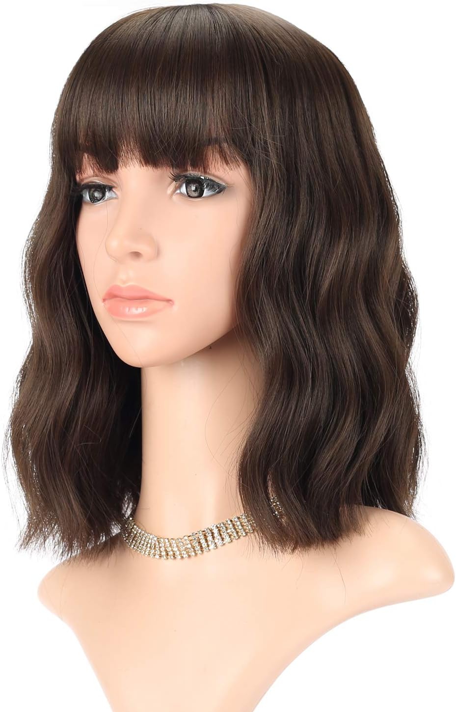 FAELBATY Short Bob Wigs With Air Bangs Shoulder Length For Women Curly Wavy Synthetic Cosplay Wig for Girl Costume Wigs Natural Black Dark Brown Color 12"