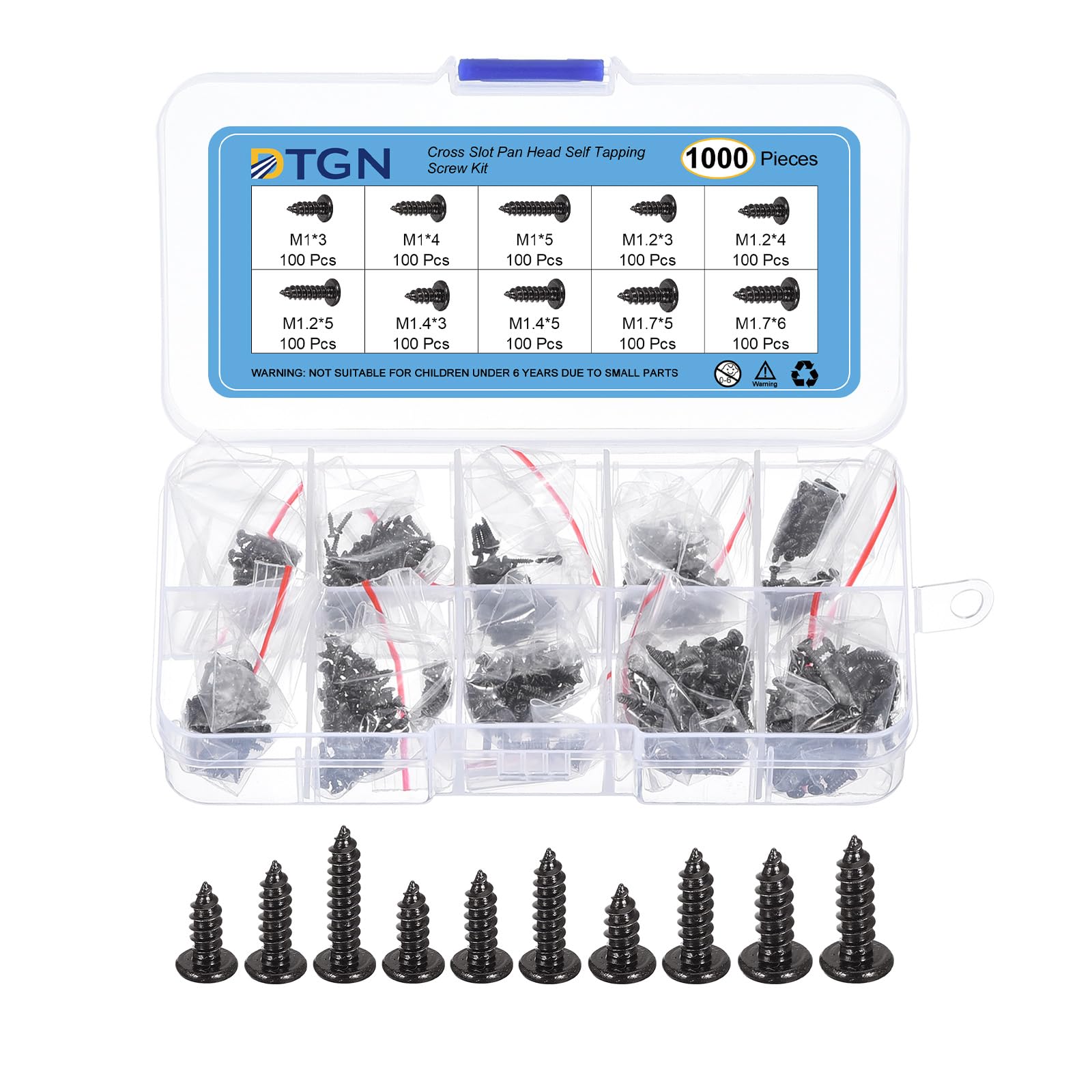 DTGN Small Screws Assortment Kit,Miniature Phillips Replacement Screws for Glasses Watch Clock,Phillips Head Self-Tapping Screws,Carbon Steel Black(Size:M1x3-M1.7x6-1000pcs)