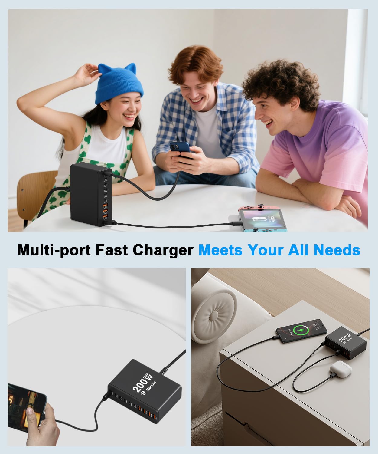 USB C Charging Station 10 Port with 4 USB Cables, 200W GaN Type C Charger Block, Wall Charger Power Strip Adapter Plug for iPad iPhone17 16 15 14 13 12 Pro Max Pixel Note Galaxy