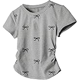 OYOANGLE Girl's Bow Print Short Sleeve Tshirts Crew Neck Side Ruched Tee Shirts Summer Graphic Tees