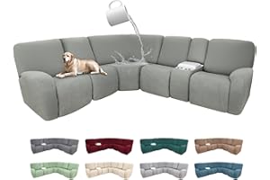 ROFASVCO 100% Waterproof Sectional Recliner Couch Covers for Reclining Couch L Shaped Corner Sectional Sofa Cover Jacquard Stretch L Shape Recliner Slipcovers (5 Seater 1 Console Cover, Grayish Green)