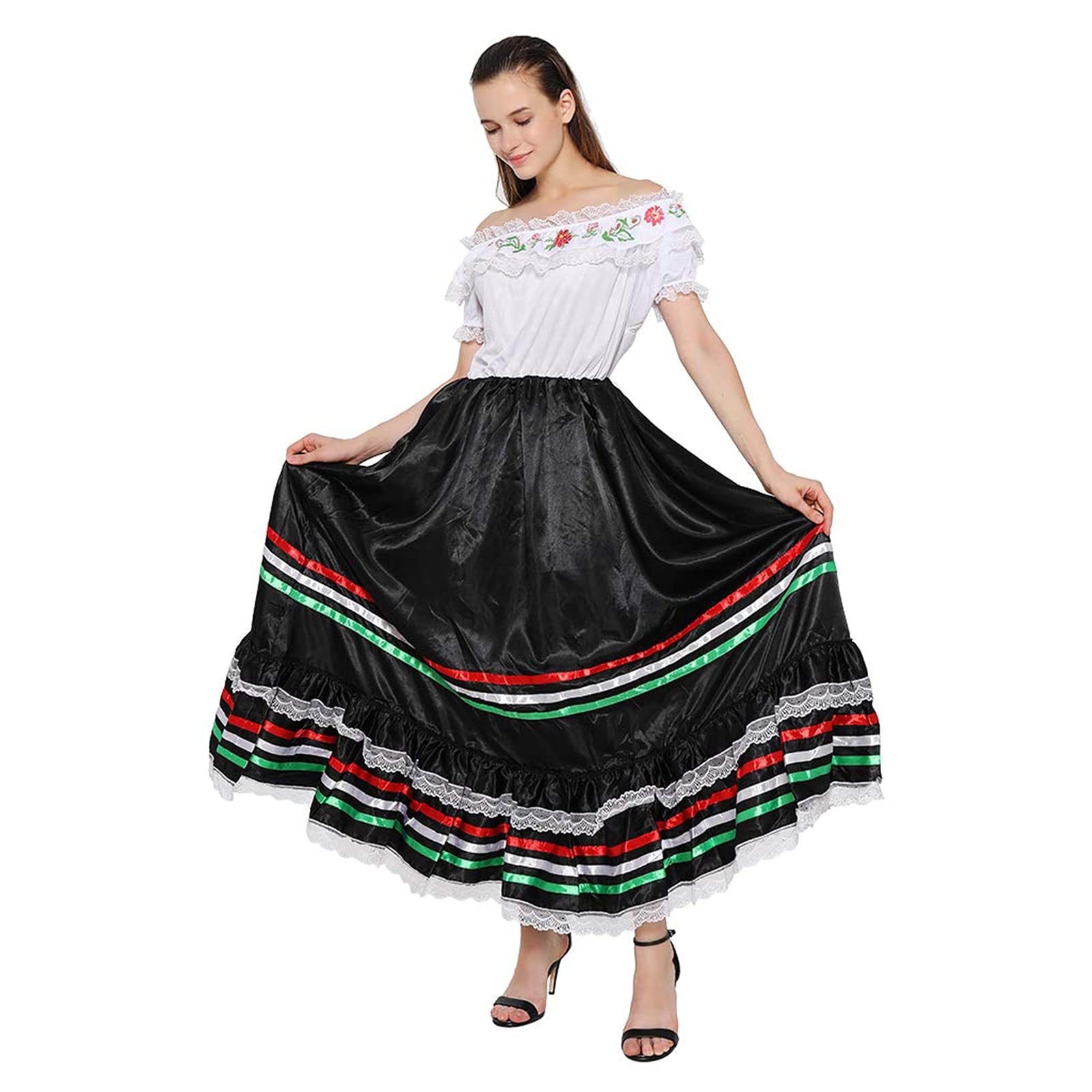 Photo 1 of FantastCostumes Women's Traditional Mexican Lace Flower Senorita Costume Festival Party Spanish Dress, White, Black and Multicolor, Large