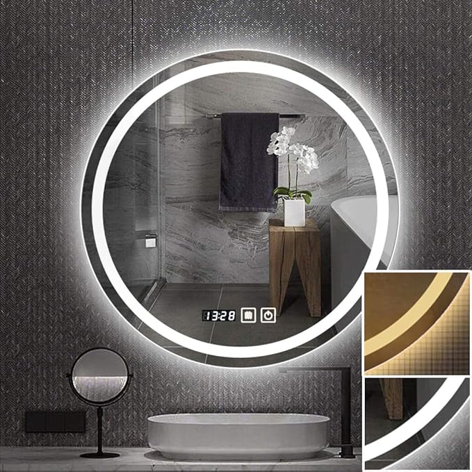Backlit LED Mirror, Round Wall Mount Lighted Mirror, Illuminated Vanity