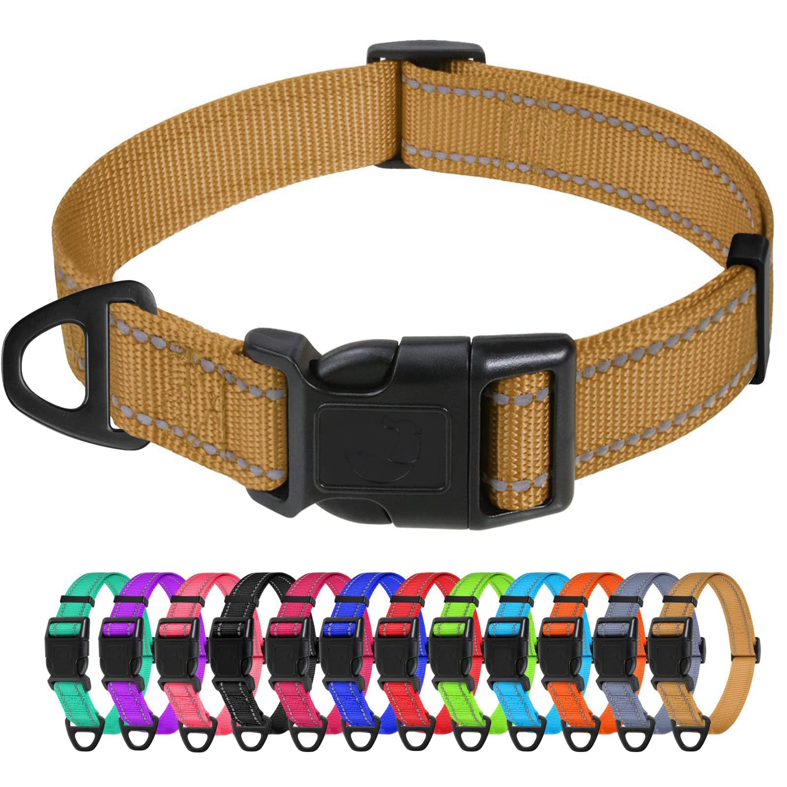 TagMe Reflective Nylon Dog Collars, Adjustable Classic Pet Collar with Quick Release Buckle for Large Dogs, Khaki, 2.5 cm Width