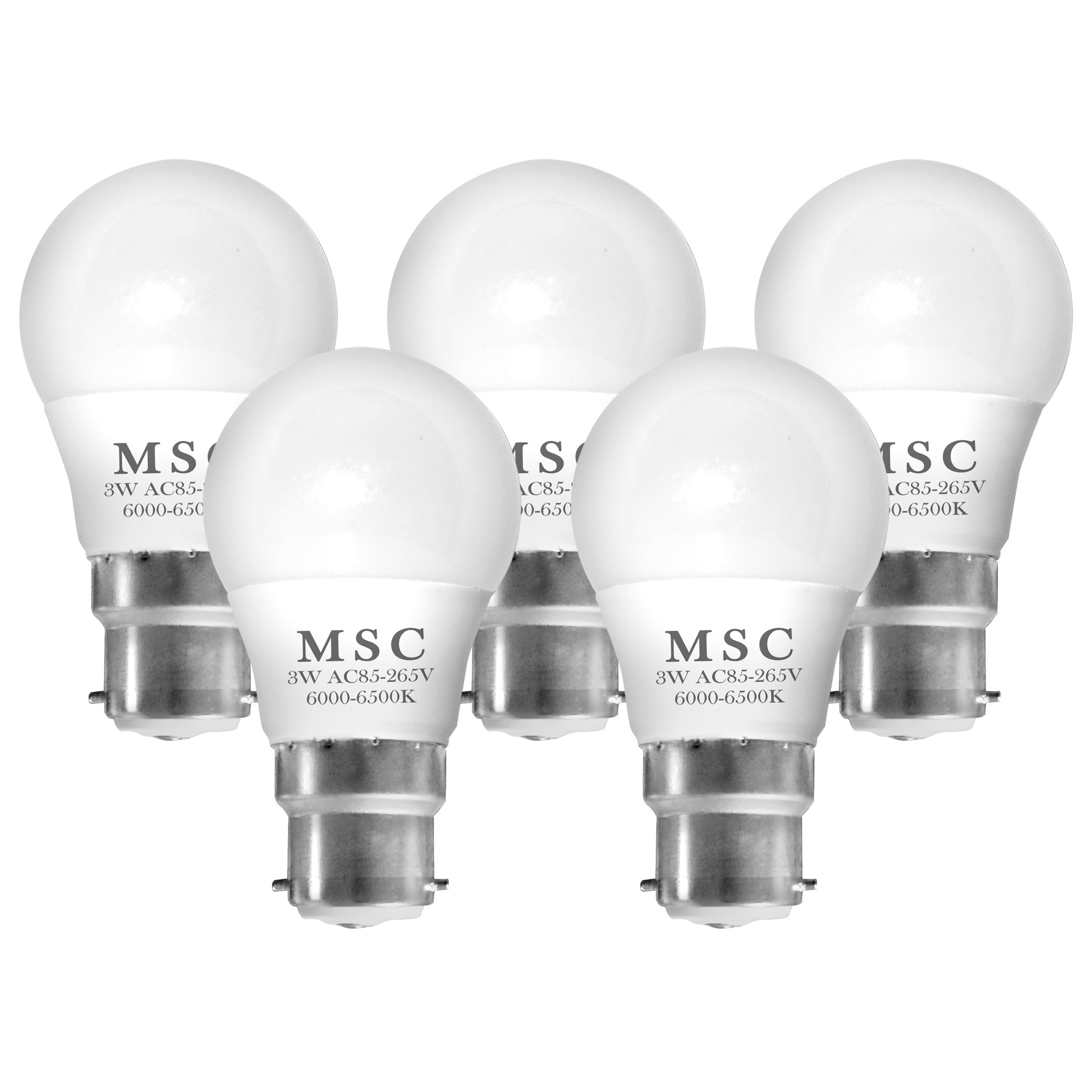 MSC 3W Bayonet LED Light Bulb B22 - Cool White LED Bulb with 300 Lumens, Daylight White 6500K, 45W Incandescent Equivalent, Energy-Saving, 30,000 Hour Lifespan, and Non-Dimmable, 5 Pack