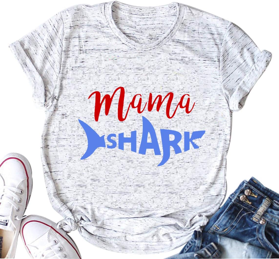 Women's Shark Mama Mommy T-Shirt Casual Baseball Letter Printed Shirts Short Sleeves Tops Tee