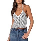Women Girls Terry Trim V-Neck Halterneck Top Sleeveless Open Back Gingham Tops Strappy Y2K Shirts Streetwear