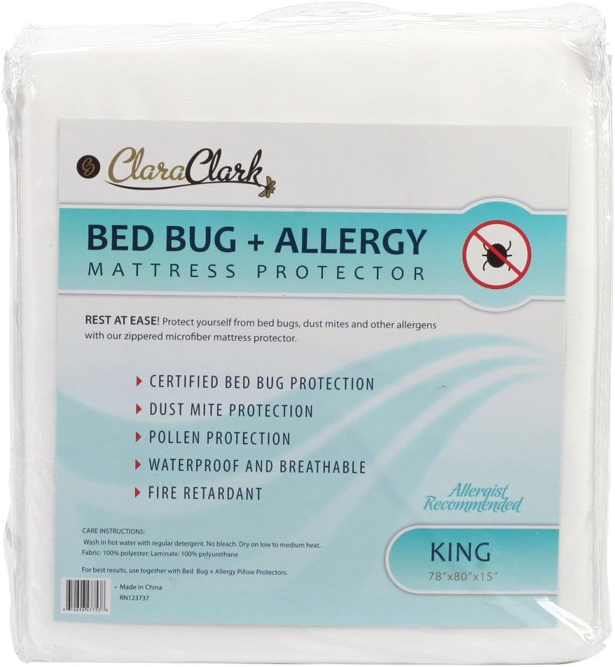 King Size Clara Clark Hypoallergenic 100% Waterproof Washable Fire Retardant Mattress Cover, Protects From Bed Bugs, Dust Mites, Pollen, Mold And Fungus, Great for Asthma, Eczema And Allergy Sufferers, Available In 5 Sizes, Fits Mattresses Up To 15" Thick