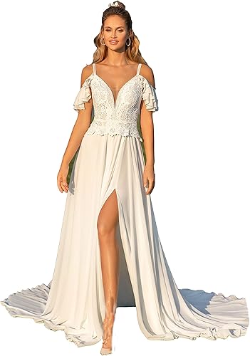 LOVEONLY Elegant Beach Wedding Dresses Cold Shoulder Chiffon Lace Cute Spring Summer Boho Bridal 