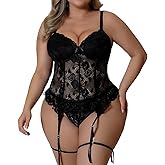 FANCMISTERY Plus Size Lingerie for Curvy Women Lace Corset with Adjustable Straps and Garter Details Sleepwear