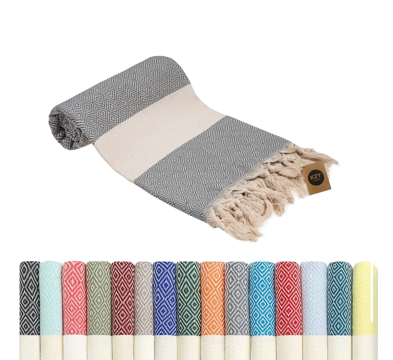 KZY LONDON Beach Towel - 180 x 100 Extra Large Turkish Beach Towels for Camping, Swimming, Bath, Gym, Picnic - Quick Dry, Super Absorbent, Lightweight, Cotton Hammam Towels for Adults (Grey)