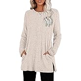 SAMPEEL Womens Sweaters Crewneck Long Sleeve Shirts with Pockets Fall Outfits 2025 Fashion Winter Clothing Side Slit
