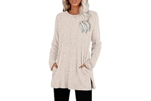 SAMPEEL Womens Sweaters Crewneck Long Sleeve Shirts with Pockets Fall Outfits 2025 Fashion Winter Clothing Side Slit
