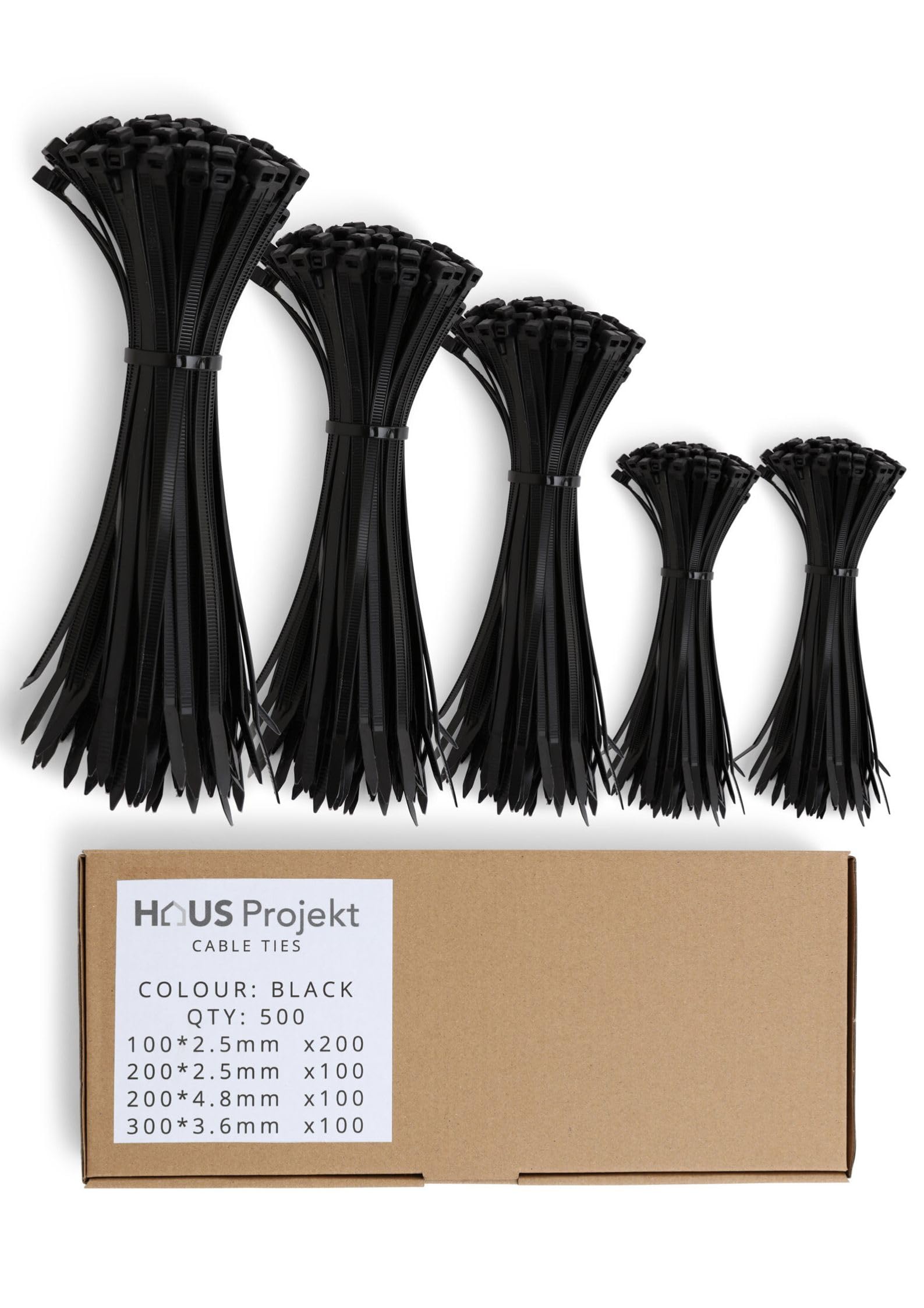 Haus Projekt Cable Ties 500 Pack Black, Assorted Size ​Zipties, 100/200mm x2.5, 200x4.8, 300x3.6, Cable Management Tidy, Heavy Duty Plastic Zip Tie Wraps, Garden Cable Ties, Small Long Wire Organiser — image 1