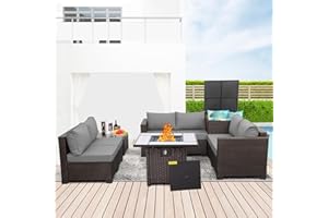 WAROOM 7 Pieces Patio Furniture Set PE Wicker Outdoor Brown Rattan Sectional Sofa Loveseat Couch Conversation Sets with Storage Bin Coffee Table and Propane Fire Pit, Anti-Slip Grey Cushion