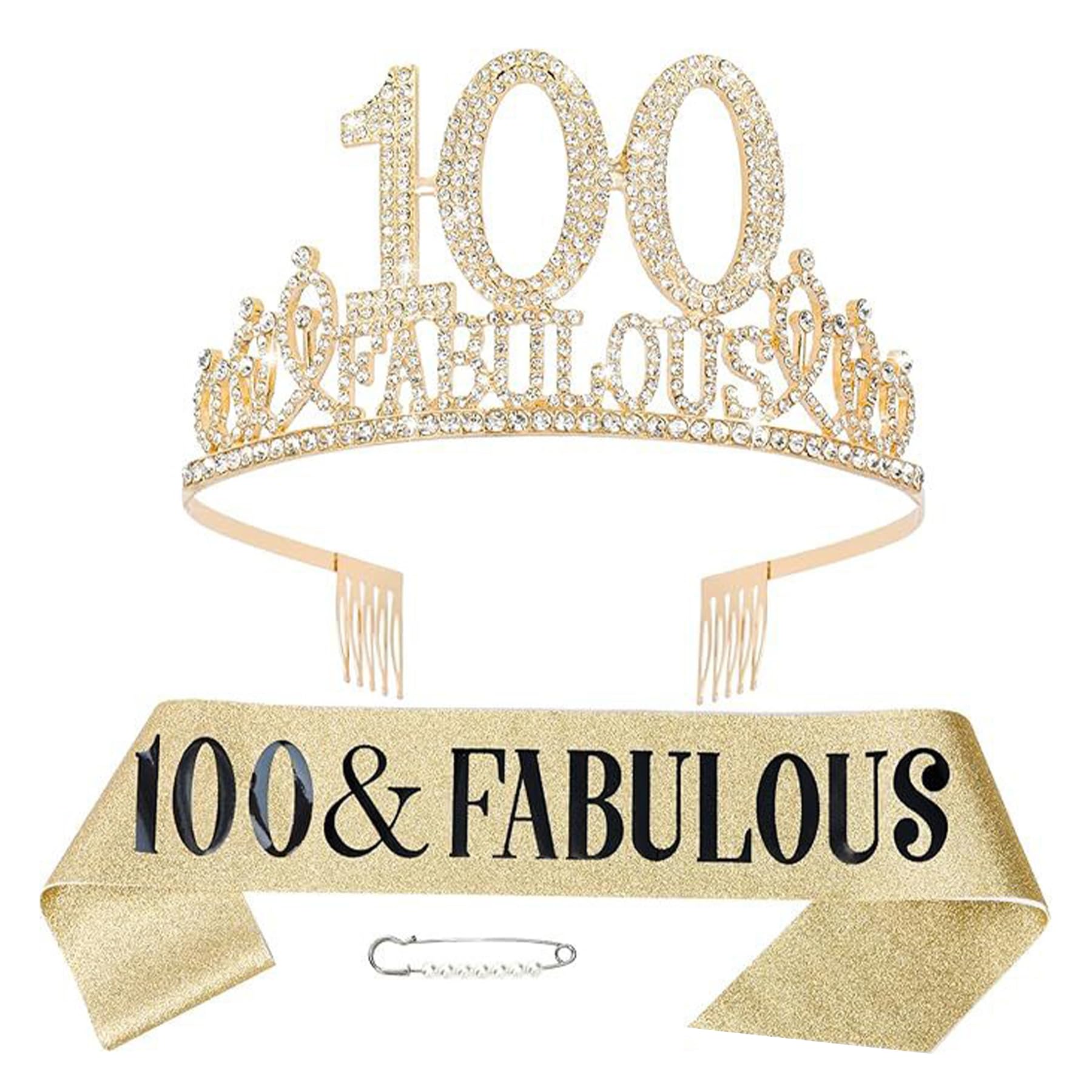 Wasise 100th Birthday Gifts for Women - Birthday Sash and Tiara, Diamond Gold Crown Women, Personalised Sash, 100 & Fabulous Celebrations Decorations, Headband Etiquette Crown Shoulder Strap Set