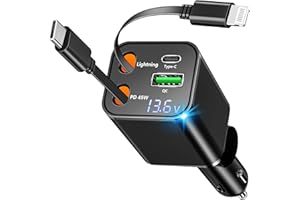 [Apple MFi Certified] Retractable Car Charger, Linocell 120W USB C Car Charger 4 in 1 PD/QC Type C Fast Charging Cigarette Lighter Adapter for iPhone 17/17 Pro Max/16/15/14/13/12/Galaxy S25/S24/Pixel