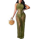 Women Sexy Crochet Swimsuit Cover Up Halter V Neck Backless See Through Long Maxi Dress Summer Beach Bikini Cover Ups