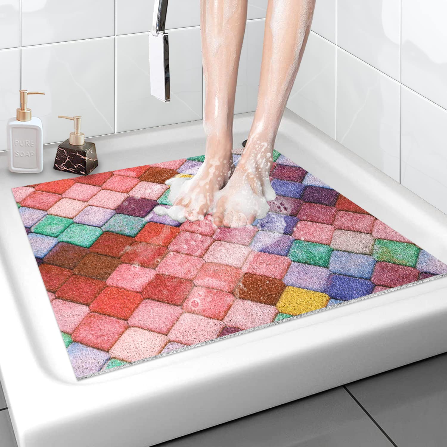 MACUNIN Non-Slip Shower Mat, 60 x 60 cm, Soft Comfort Bath Mat with Drainage Holes, PVC Loofah Massage Mat, Multicolor, Square