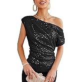 GRACE KARIN One Shoulder Sequin Sparkly Tops for Women Ruched Asymmetrical Glitter Tops Slimming Sparkle Party Shirts