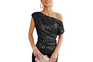 GRACE KARIN One Shoulder Sequin Sparkly Tops for Women Ruched Asymmetrical Glitter Tops Slimming Sparkle Party Shirts