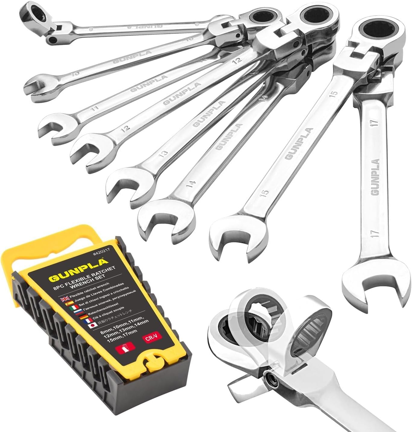 Gunpla Flex-Head Ratchet Spanner Set 8-Piece | CR-V Metric (8-17mm) Reversible Wrench Kit for Tight Spaces & Heavy Duty - Hardened Steel & Smooth Ratchet Mechanism