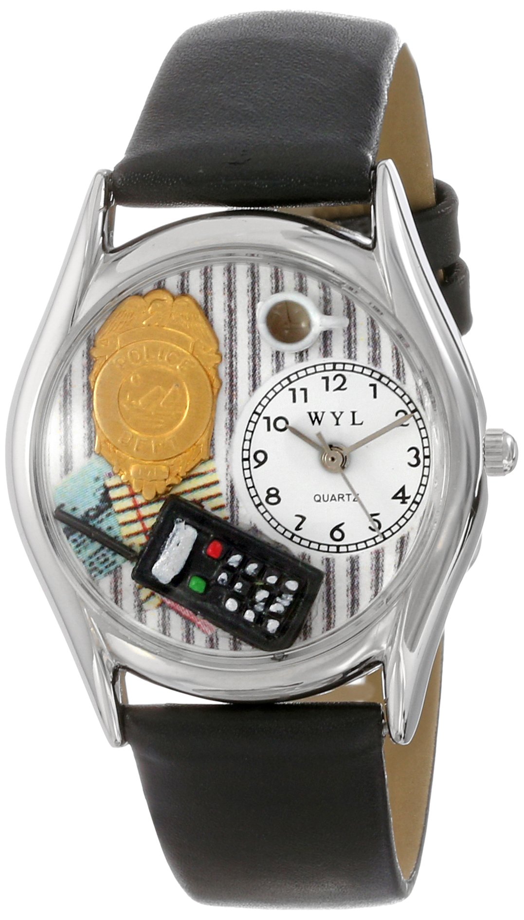 Whimsical Watches Police Officer Black Leather and Silvertone Unisex Quartz Watch with White Dial Analogue Display and Multicolour Leather Strap S-0620013