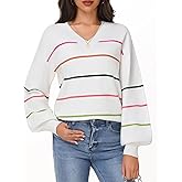 Simlakey Women Long Sleeve Sweaters V Neck Striped Lightweight Sweater Lantern Sleeve Knit Loose Fit Pullover Top