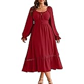 RWJ Women's Plus Size Fall Dresses Long Sleeve Square Neck Flowy Lace Trim Flutter Wedding Guest Party Casual Dress