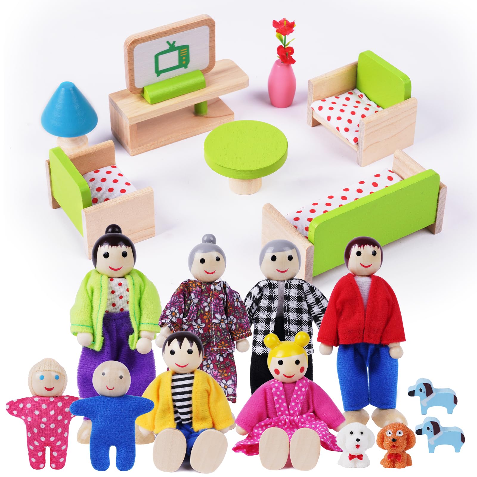 HOTUT Wooden Family Dolls Set, Wooden Dollhouse Furniture Set With 8 People/4 Dogs, Miniature Dollhouse Wood Furniture Accessories, Lovely Happy Family Dolls Playset for Dolls House Accessories — image 1