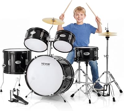 Kit de Batterie pour Enfants, 406 mm, Batterie complète pour débutants, 5PCS, avec Toms Basses, Caisse Claire, siège, cymbales Charleston, 2 Paires de Baguettes, Instruments de Musique, Noir